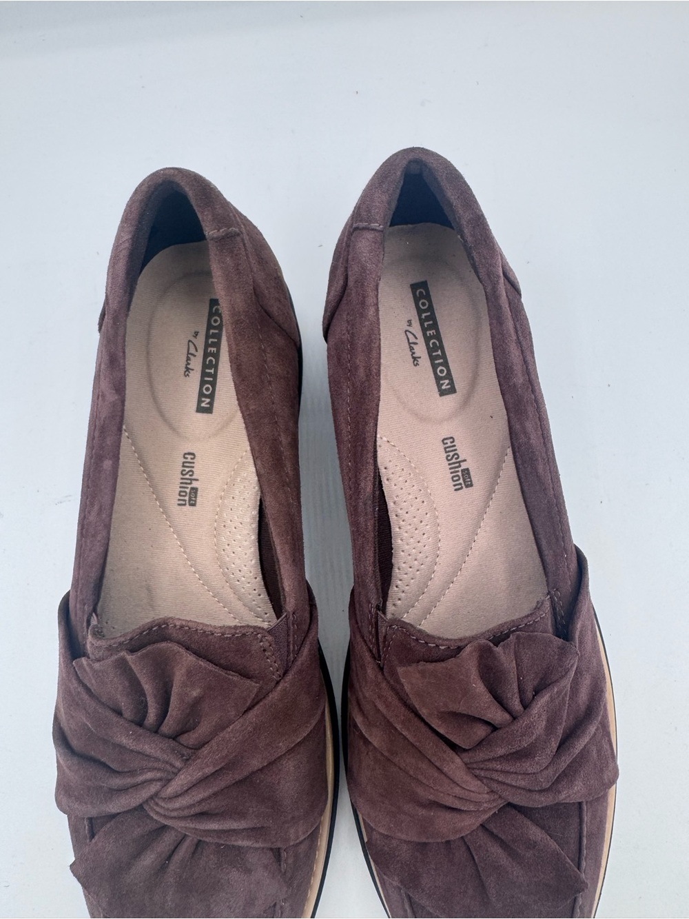 Clarks Brown Suede Knotted Vamp Loafers sz8m - Picture 7 of 9